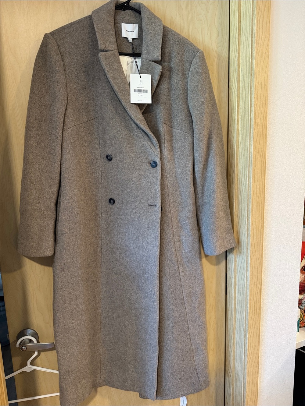 Reformation Double-Breasted Taupe Gray Wool Trench Coat Size L